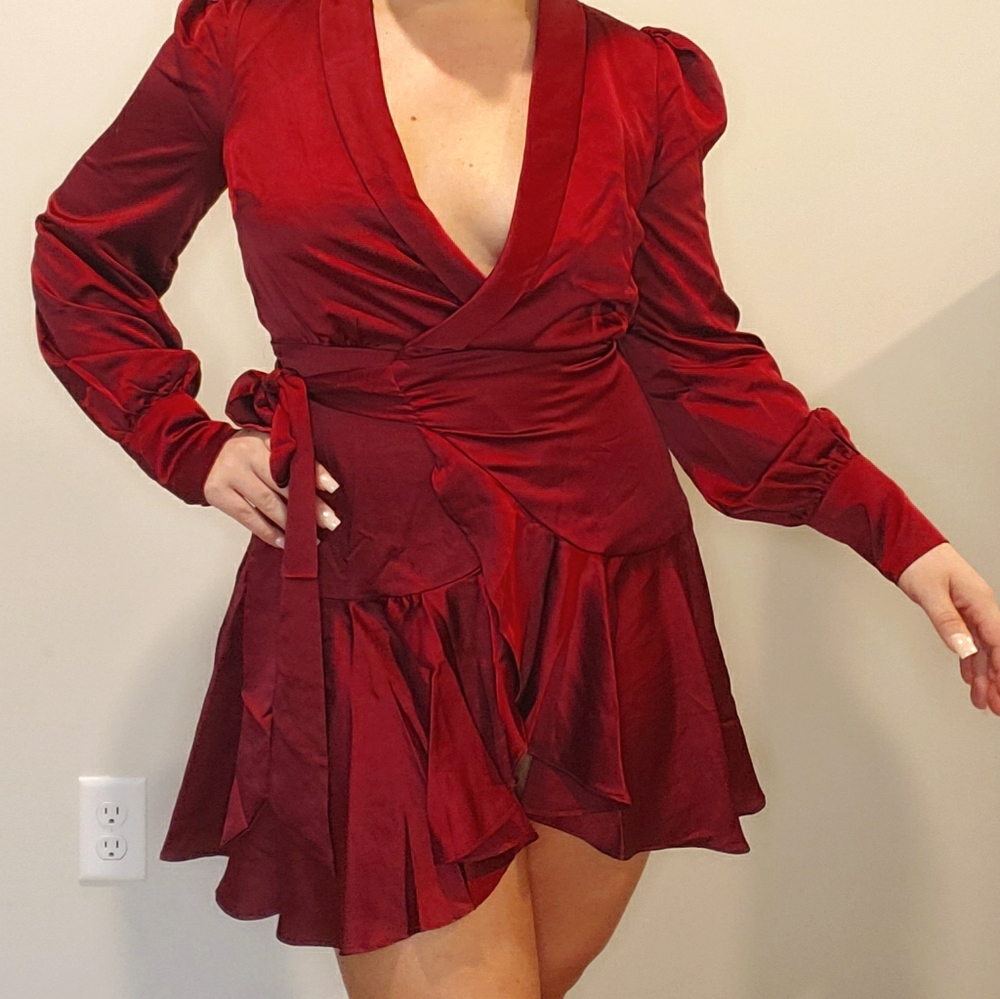Satin wrap ruffled dress